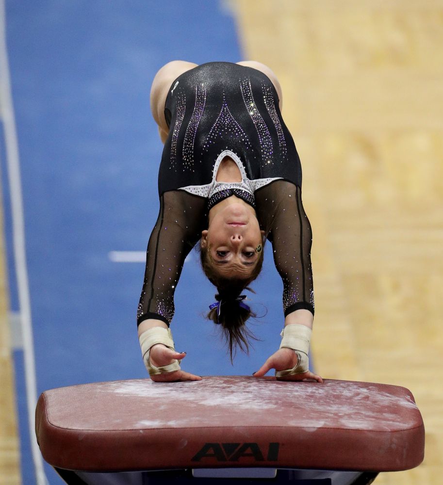 Iowa’s Ariana Agrapides competes on the vault against Michigan State Saturday, February 1, 2020 at Carver-Hawkeye Arena. (Brian Ray/hawkeyesports.com)