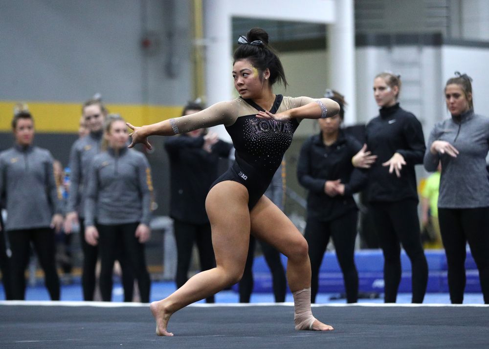 Clair Kaji competes on the floor during the Black and Gold intrasquad meet Saturday, December 1, 2018 at the University of Iowa Field House. (Brian Ray/hawkeyesports.com)