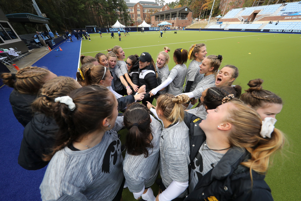 The Hawkeyes huddle before their NCAA Tournament Second Round match against North Carolina at Karen Shelton Stadium in Chapel Hill, N.C. on Sunday, Nov 17, 2019. (Stephen Mally/hawkeyesports.com)