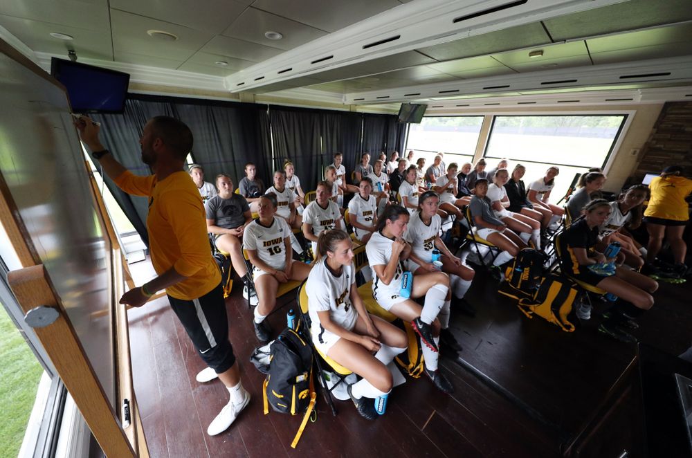 Blair Quinn Associate Head Coach diagrams a play during halftime of a 6-1 win over Northern Iowa Sunday, August 25, 2019 at the Iowa Soccer Complex. (Brian Ray/hawkeyesports.com)