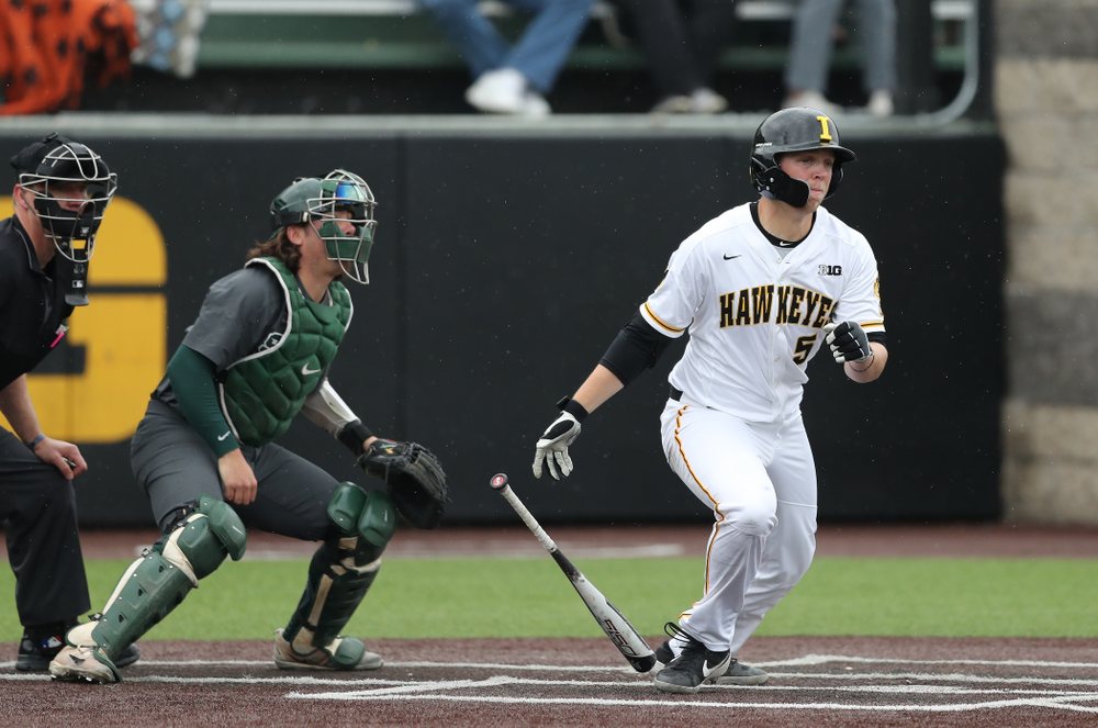Iowa Hawkeyes Zeb Adreon (5) against Michigan State Sunday, May 12, 2019 at Duane Banks Field. (Brian Ray/hawkeyesports.com)