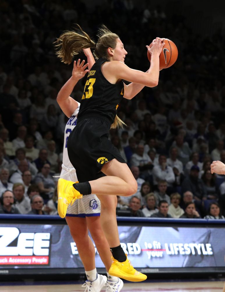 Iowa Hawkeyes forward Amanda Ollinger (43) against the Drake Bulldogs Friday, December 21, 2018 at the Knapp Center in Des Moines. (Brian Ray/hawkeyesports.com)