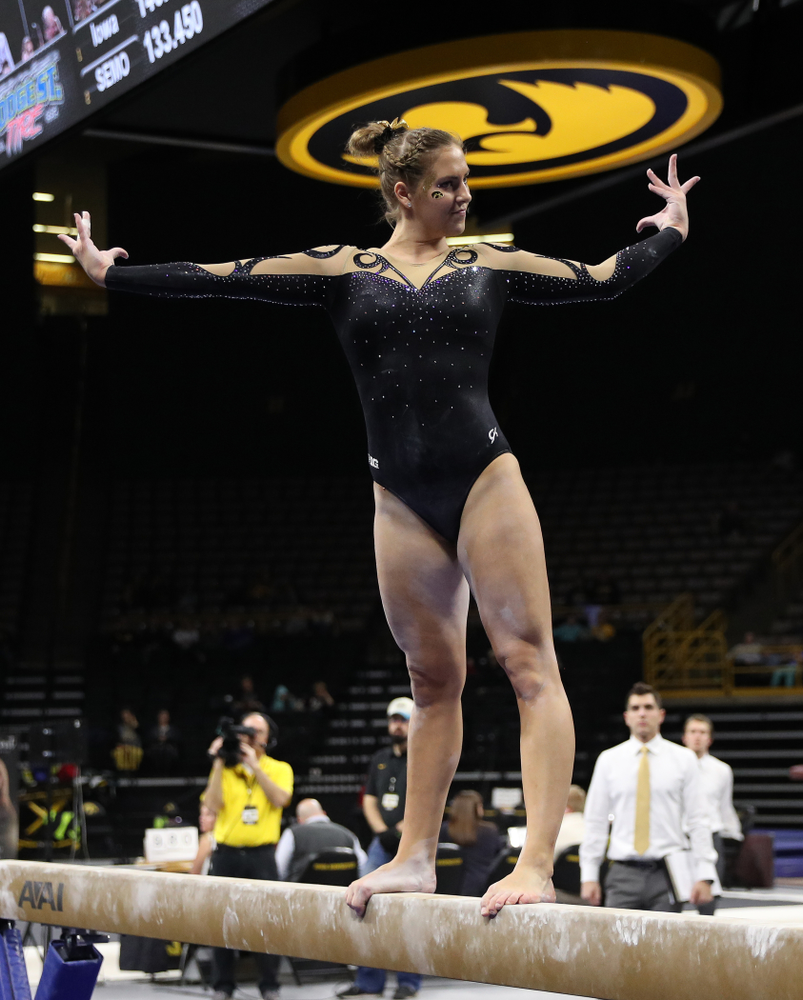 Iowa's Emma Hartzler competes on the beam during their meet against Southeast Missouri State Friday, January 11, 2019 at Carver-Hawkeye Arena. (Brian Ray/hawkeyesports.com)