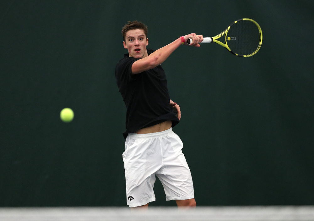 Joe Tyler against Utah Sunday, February 10, 2019 at the Hawkeye Tennis and Recreation Complex. (Brian Ray/hawkeyesports.com)