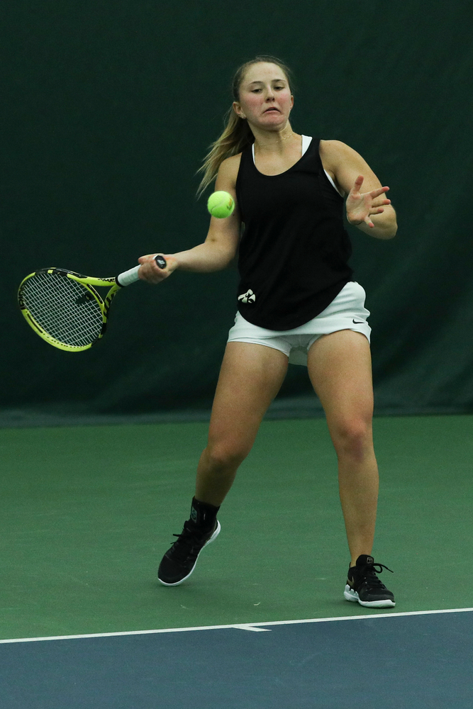 Iowa’s Danielle Burich returns a hit during the Iowa women’s tennis meet vs DePaul on Friday, February 21, 2020 at the Hawkeye Tennis and Recreation Complex. (Lily Smith/hawkeyesports.com)