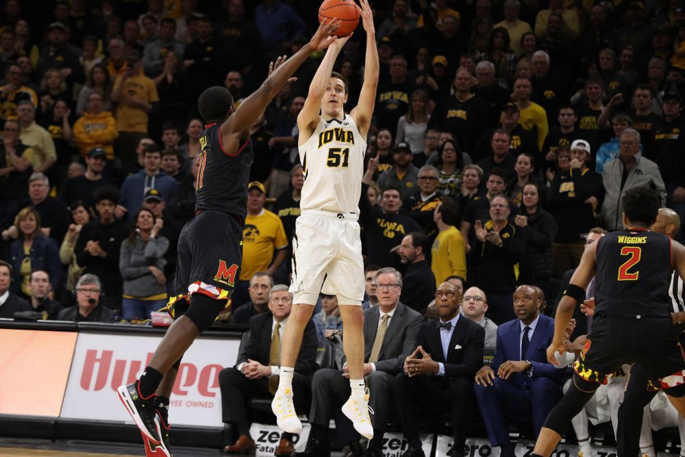 Iowa Hawkeyes forward Nicholas Baer (51) against the Maryland Terapins Tuesday, February 19, 2019 at Carver-Hawkeye Arena. (Brian Ray/hawkeyesports.com)