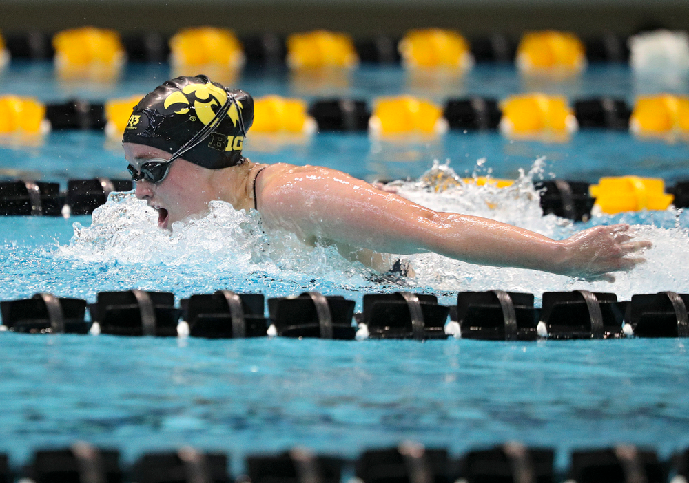 Iowa’s Kelsey Drake swims the women’s 200-yard butterfly event during their meet against Michigan State and Northern Iowa at the Campus Recreation and Wellness Center in Iowa City on Friday, Oct 4, 2019. (Stephen Mally/hawkeyesports.com)
