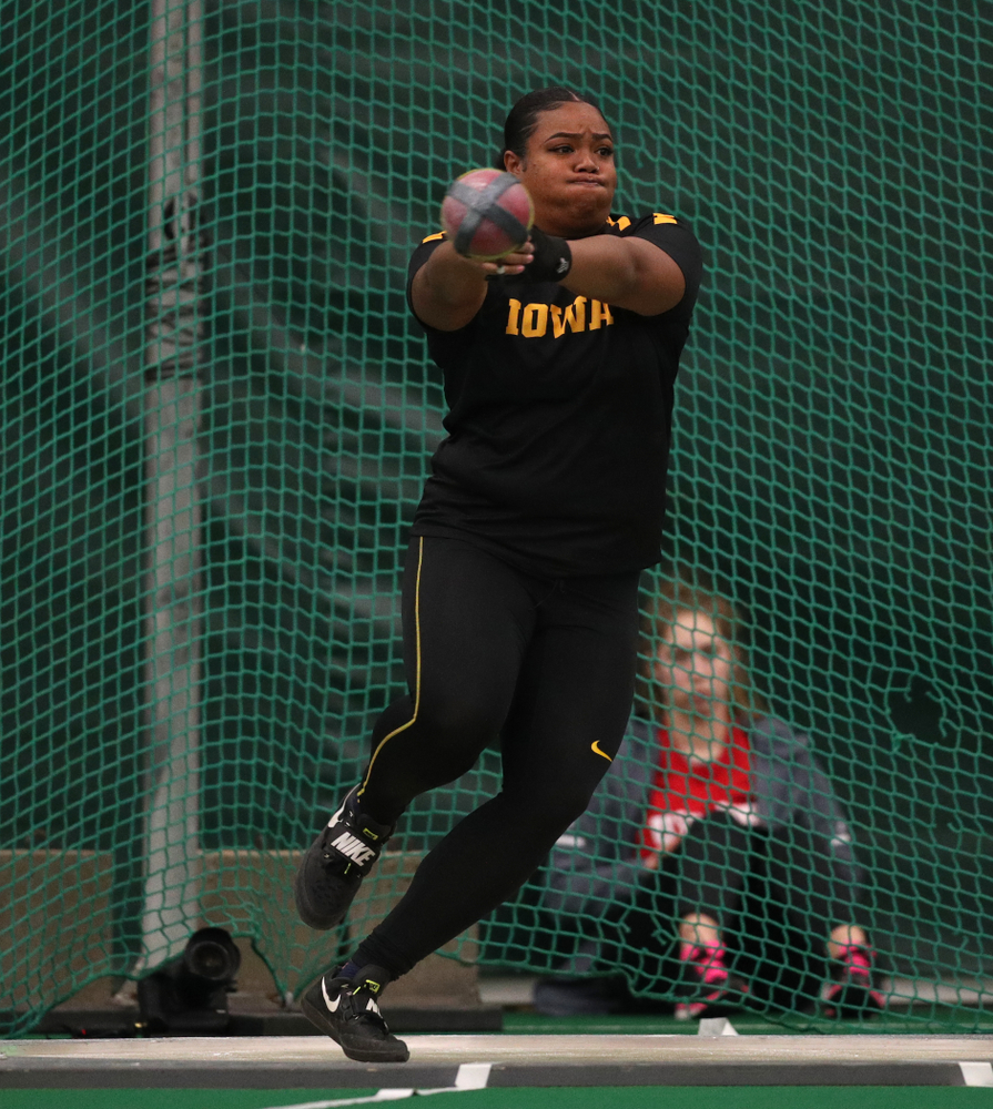 Iowa's Laulauga Tausaga sets a school record in the weight throw Friday, January 11, 2019 at the Hawkeye Tennis and Recreation Center. Tausaga set the new mark with a throw of 20.67m, 67-9 3/4. (Brian Ray/hawkeyesports.com)
