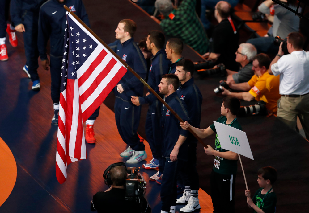 Thomas Gilman during the United World Wrestling Freestyle World Cup Saturday, April 7, 2018 at Carver-Hawkeye Arena. (Brian Ray/hawkeyesports.com)