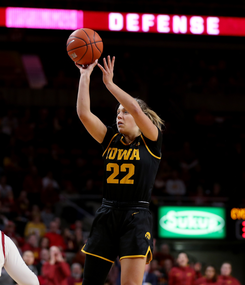 Iowa Hawkeyes guard Kathleen Doyle (22) against the Iowa State Cyclones Wednesday, December 11, 2019 at Hilton Coliseum in Ames, Iowa(Brian Ray/hawkeyesports.com)