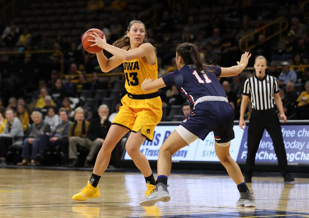 Iowa Hawkeyes forward Amanda Ollinger (43) against the Robert Morris Colonials Sunday, December 2, 2018 at Carver-Hawkeye Arena. (Brian Ray/hawkeyesports.com)