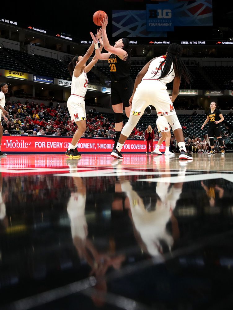 Iowa Hawkeyes forward Megan Gustafson (10) against the Maryland Terrapins in the Big Ten Championship Game Sunday, March 10, 2019 in Indianapolis, Ind. (Brian Ray/hawkeyesports.com)