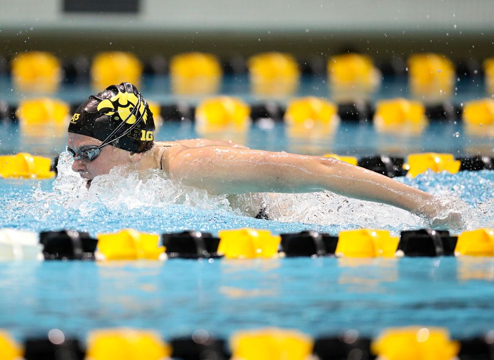 Iowa’s Sarah Schemmel swims the butterfly section in the women’s 400 yard medley relay event during their meet at the Campus Recreation and Wellness Center in Iowa City on Friday, February 7, 2020. (Stephen Mally/hawkeyesports.com)