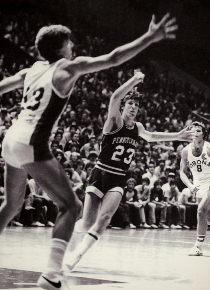 A photo of Iowa Hawkeyes head coach Fran McCaffery hangs at the Palestra Friday, January 3, 2020 in Philadelphia. (Brian Ray/hawkeyesports.com)