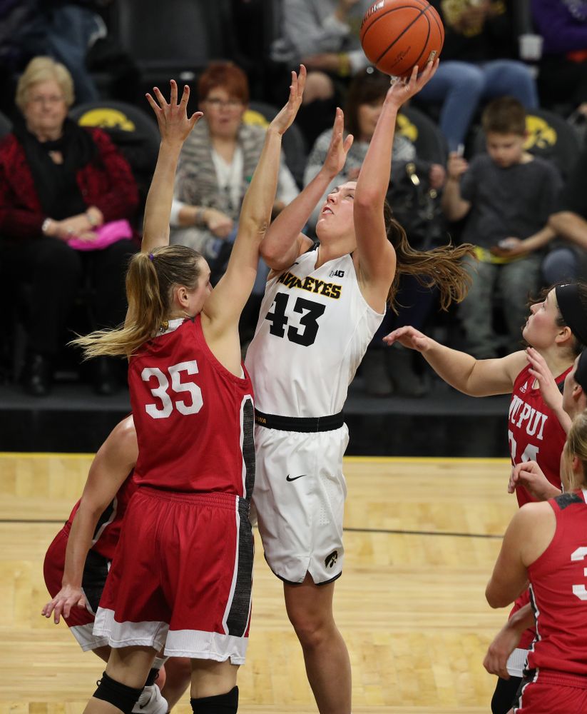 Iowa Hawkeyes forward Amanda Ollinger (43) against the IUPUI Jaguars Saturday, December 8, 2018 at Carver-Hawkeye Arena. (Brian Ray/hawkeyesports.com)