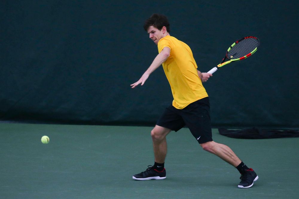 Iowa's Joe Tyler at a tennis match vs Drake Friday, March 8, 2019 at the Hawkeye Tennis and Recreation Complex. (Lily Smith/hawkeyesports.com)
