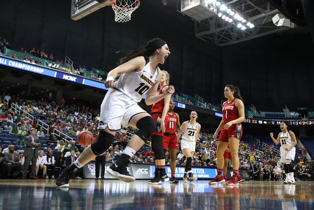 Iowa Hawkeyes forward Megan Gustafson (10) against the NC State Wolfpack in the regional semi-final of the 2019 NCAA Women's College Basketball Tournament Saturday, March 30, 2019 at Greensboro Coliseum in Greensboro, NC.(Brian Ray/hawkeyesports.com)