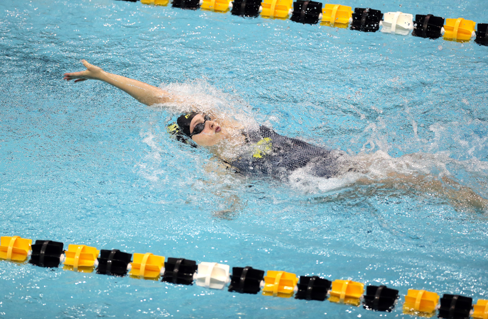 IowaÕs Emilia Sansome swims the 200 yard backstroke against the Michigan Wolverines Friday, November 1, 2019 at the Campus Recreation and Wellness Center. (Brian Ray/hawkeyesports.com)