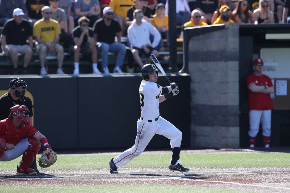 Iowa Hawkeyes Chris Whelan (28) against the Nebraska Cornhuskers Saturday, April 20, 2019 at Duane Banks Field. (Brian Ray/hawkeyesports.com)