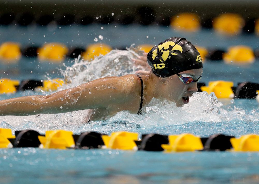 IowaÕs Christina Kaufman competes in the 200 yard butterfly against Notre Dame and Illinois Saturday, January 11, 2020 at the Campus Recreation and Wellness Center. (Brian Ray/hawkeyesports.com)