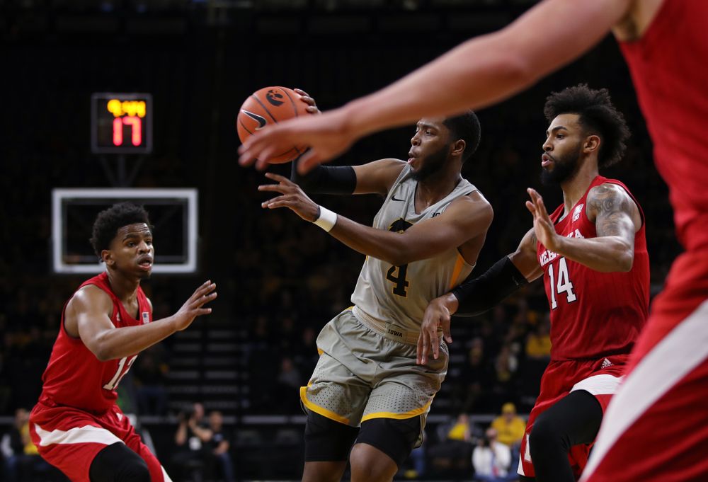 Iowa Hawkeyes guard Isaiah Moss (4) against the Nebraska Cornhuskers Sunday, January 6, 2019 at Carver-Hawkeye Arena. (Brian Ray/hawkeyesports.com)