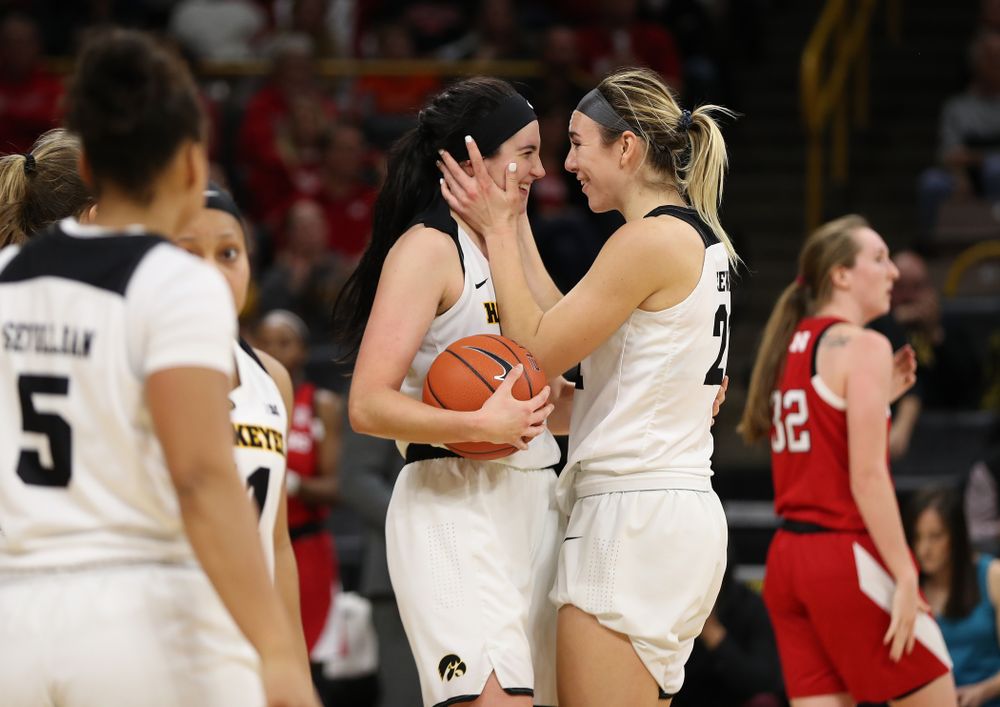 Iowa Hawkeyes forward Megan Gustafson (10) celebrates with forward Hannah Stewart (21) against the Nebraska Cornhuskers Thursday, January 3, 2019 at Carver-Hawkeye Arena. (Brian Ray/hawkeyesports.com)