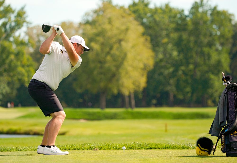 Iowa’s Alex Schaake tees off during the second day of the Golfweek Conference Challenge at the Cedar Rapids Country Club in Cedar Rapids on Monday, Sep 16, 2019. (Stephen Mally/hawkeyesports.com)