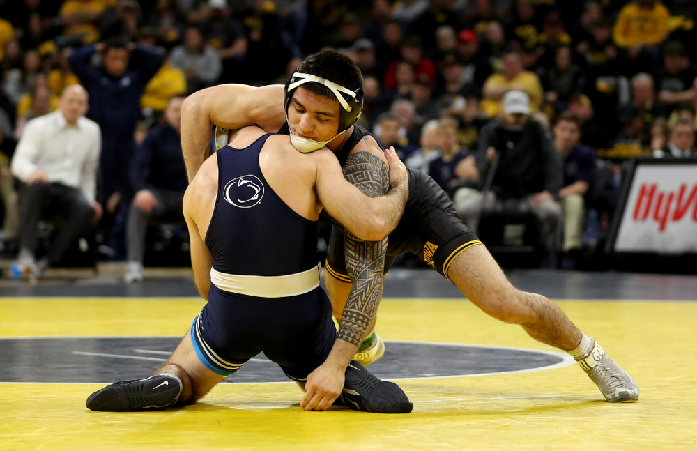 Iowa’s Pat Lugo wrestles Penn State’s Jarod Verkleeren at 149 pounds Friday, January 31, 2020 at Carver-Hawkeye Arena. Lugo defeated Verkleeren 6-1. (Brian Ray/hawkeyesports.com)
