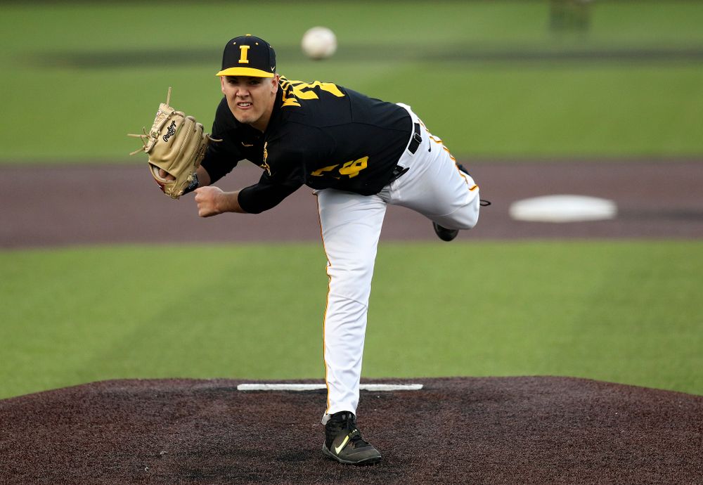 Iowa pitcher Adam Ketelsen (26) delivers to the plate during the eighth inning of their college baseball game at Duane Banks Field in Iowa City on Tuesday, March 10, 2020. (Stephen Mally/hawkeyesports.com)