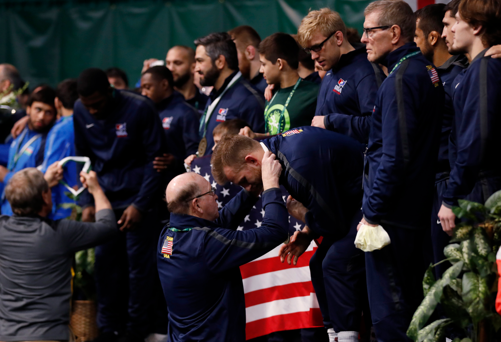 Dan Gable following the gold medal match of the United World Wrestling Freestyle World Cup against Azerbaijan Sunday, April 8, 2018 at Carver-Hawkeye Arena. (Brian Ray/hawkeyesports.com)