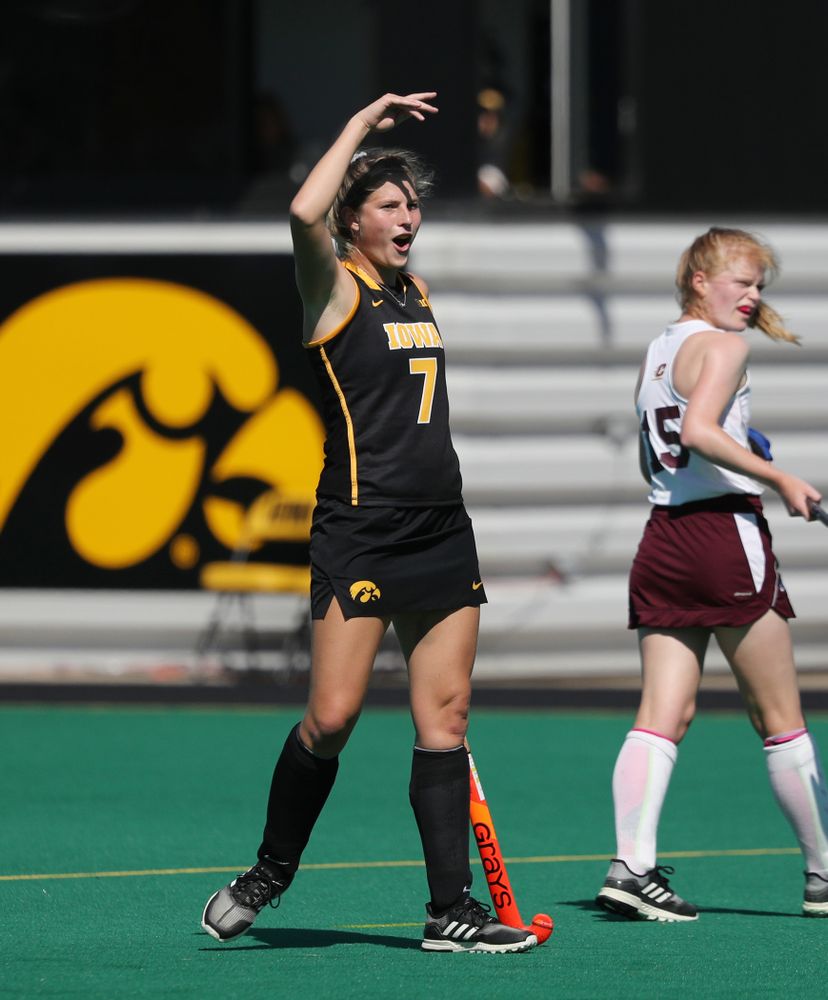 Iowa Hawkeyes Ellie Holley (7) celebrates a goal against Central Michigan Friday, September 6, 2019 at Grant Field. The Hawkeyes won the game 11-0. (Brian Ray/hawkeyesports.com)