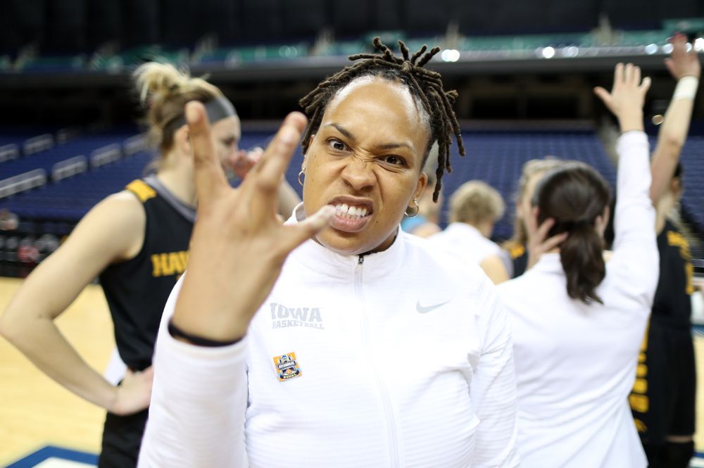 Assistant coach Raina Harmon during practice and media before the regional final of the 2019 NCAA Women's College Basketball Tournament against the Baylor Bears Sunday, March 31, 2019 at Greensboro Coliseum in Greensboro, NC.(Brian Ray/hawkeyesports.com)