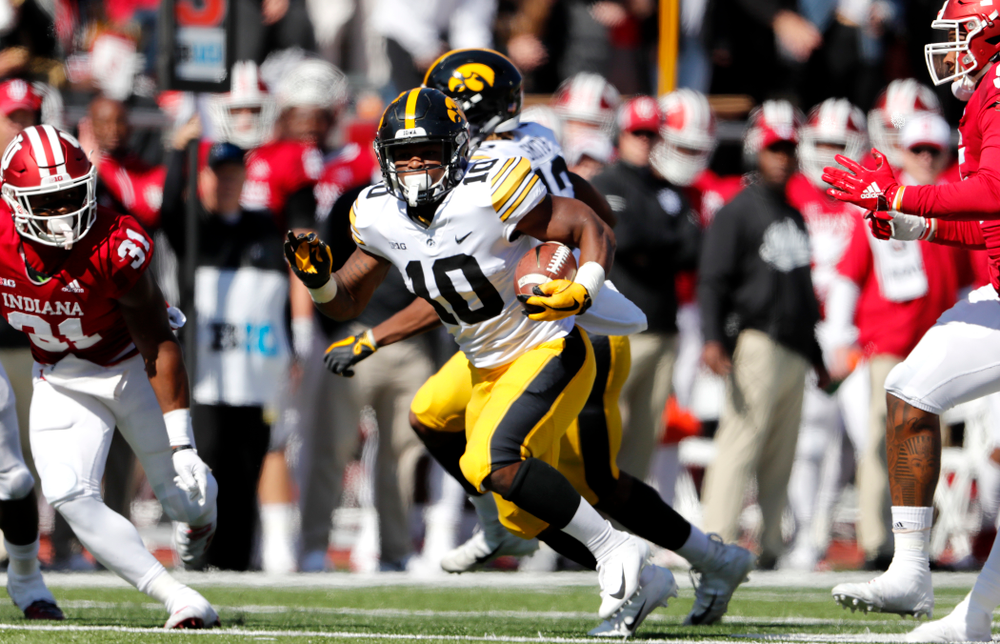 Iowa Hawkeyes running back Mekhi Sargent (10) against the Indiana Hoosiers Saturday, October 13, 2018 at Memorial Stadium, in Bloomington, Ind. (Brian Ray/hawkeyesports.com)