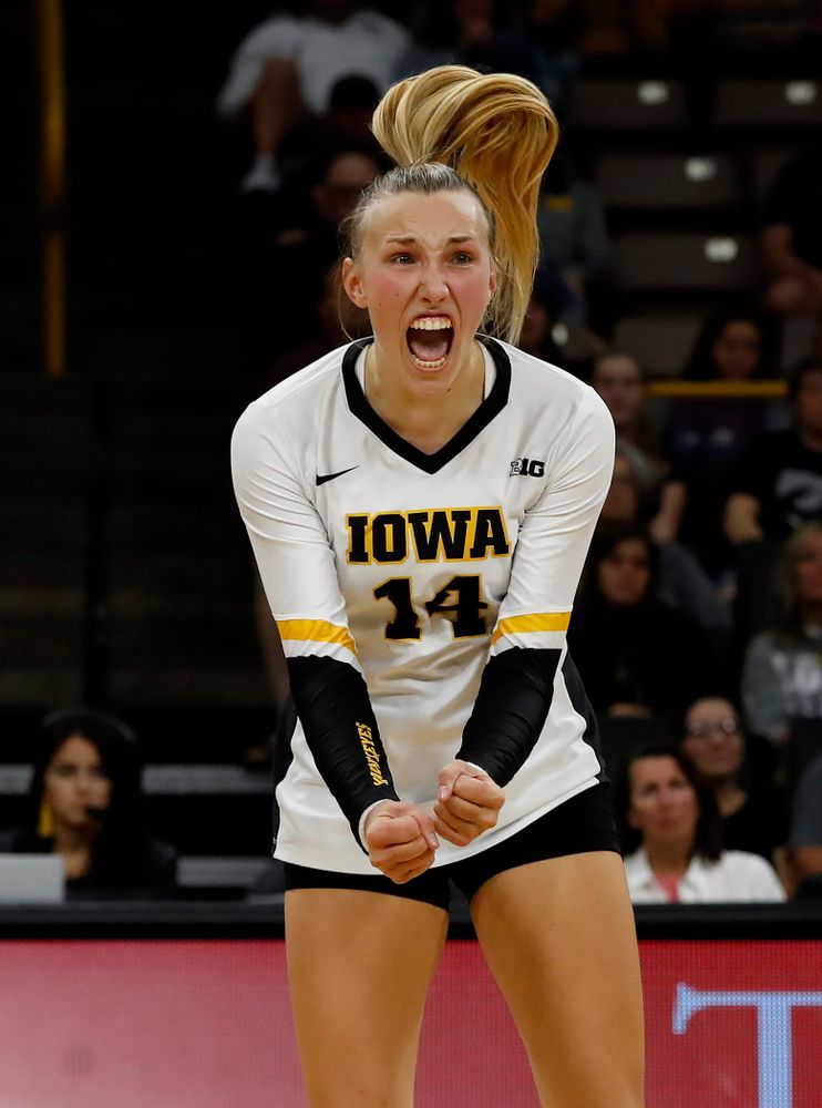 Iowa Hawkeyes outside hitter Cali Hoye (14) against the Michigan Wolverines Sunday, September 23, 2018 at Carver-Hawkeye Arena. (Brian Ray/hawkeyesports.com)