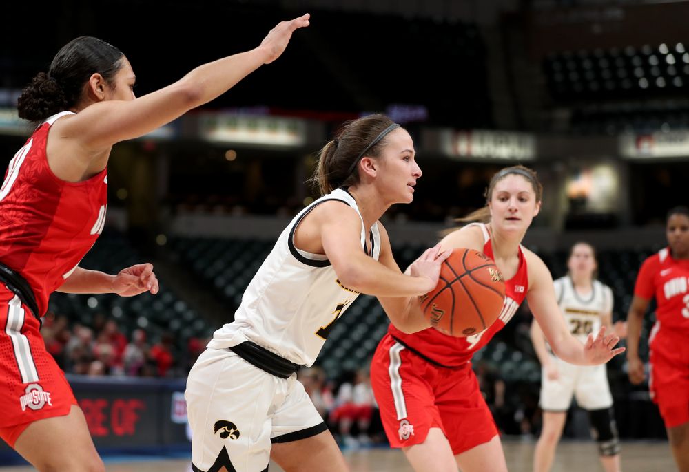 Iowa Hawkeyes guard Megan Meyer (11) against Ohio State in the quarterfinals of the Big Ten Basketball Tournament Friday, March 6, 2020 at Bankers Life Fieldhouse in Indianapolis. (Brian Ray/hawkeyesports.com)