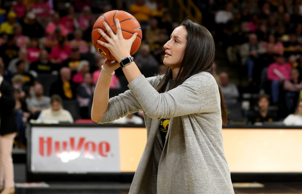 Former player Bethany Doolittle shoots free throws during the Iowa Hawkeyes game against the Wisconsin Badgers Sunday, February 16, 2020 at Carver-Hawkeye Arena. (Brian Ray/hawkeyesports.com)