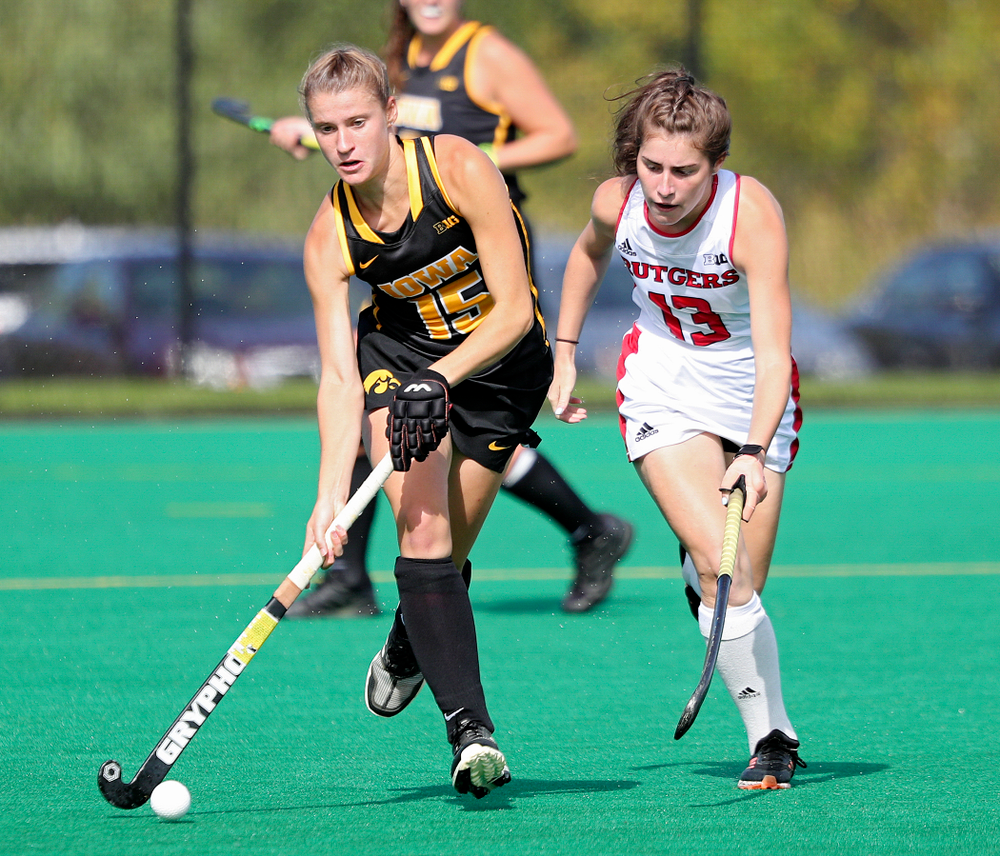 Iowa’s Esme Gibson (15) moves with the ball during the second quarter of their match at Grant Field in Iowa City on Friday, Oct 4, 2019. (Stephen Mally/hawkeyesports.com)