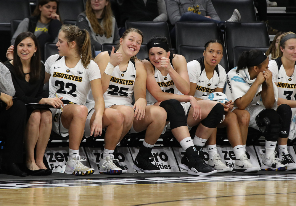 Iowa Hawkeyes forward/center Monika Czinano (25) and forward Megan Gustafson (10) against the Wisconsin Badgers Monday, January 7, 2019 at Carver-Hawkeye Arena. (Brian Ray/hawkeyesports.com)