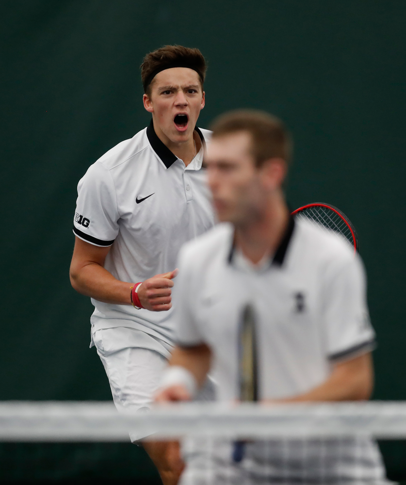 Jake Jacoby and Joe Tyler play a doubles match against Purdue Sunday, April 15, 2018 at the Hawkeye Tennis and Recreation Center. (Brian Ray/hawkeyesports.com)