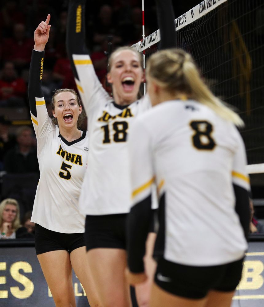 Iowa Hawkeyes outside hitter Meghan Buzzerio (5) celebrates after winning a point during a match against Nebraska at Carver-Hawkeye Arena on November 7, 2018. (Tork Mason/hawkeyesports.com)