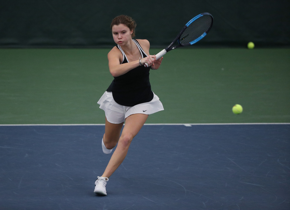 Iowa's Cloe Ruette during a doubles match against North Texas Sunday, January 20, 2019 at the Hawkeye Tennis and Recreation Center. (Brian Ray/hawkeyesports.com)