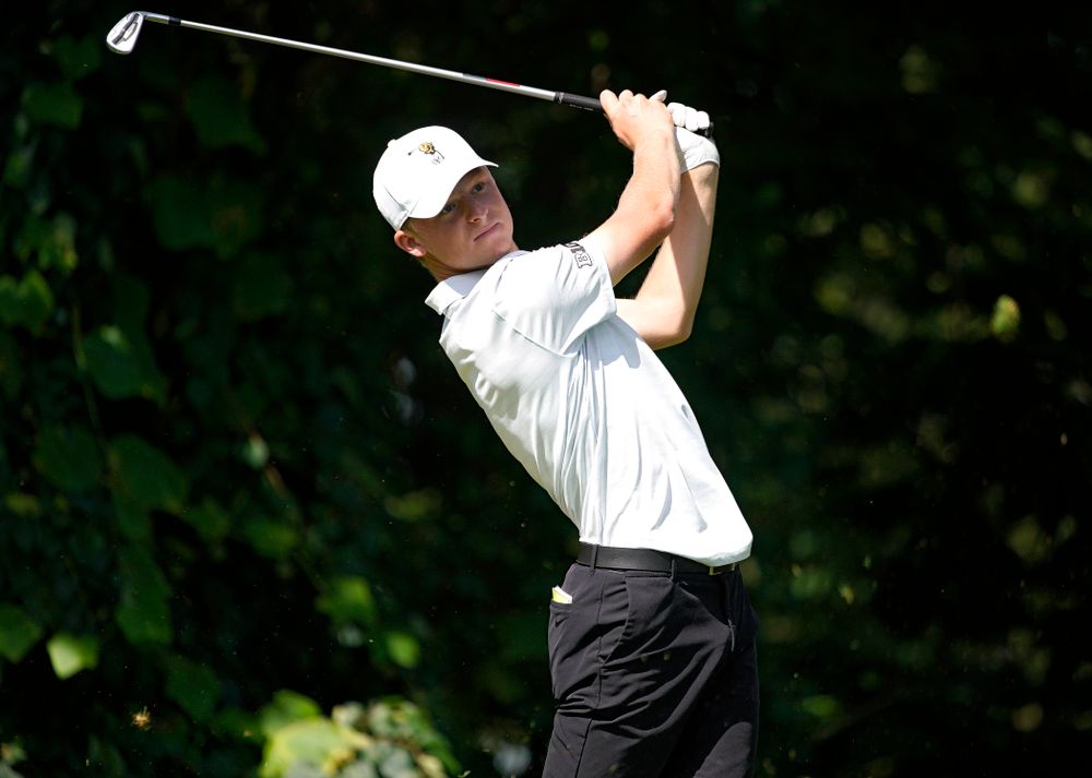 Iowa’s Benton Weinberg tees off during the second day of the Golfweek Conference Challenge at the Cedar Rapids Country Club in Cedar Rapids on Monday, Sep 16, 2019. (Stephen Mally/hawkeyesports.com)