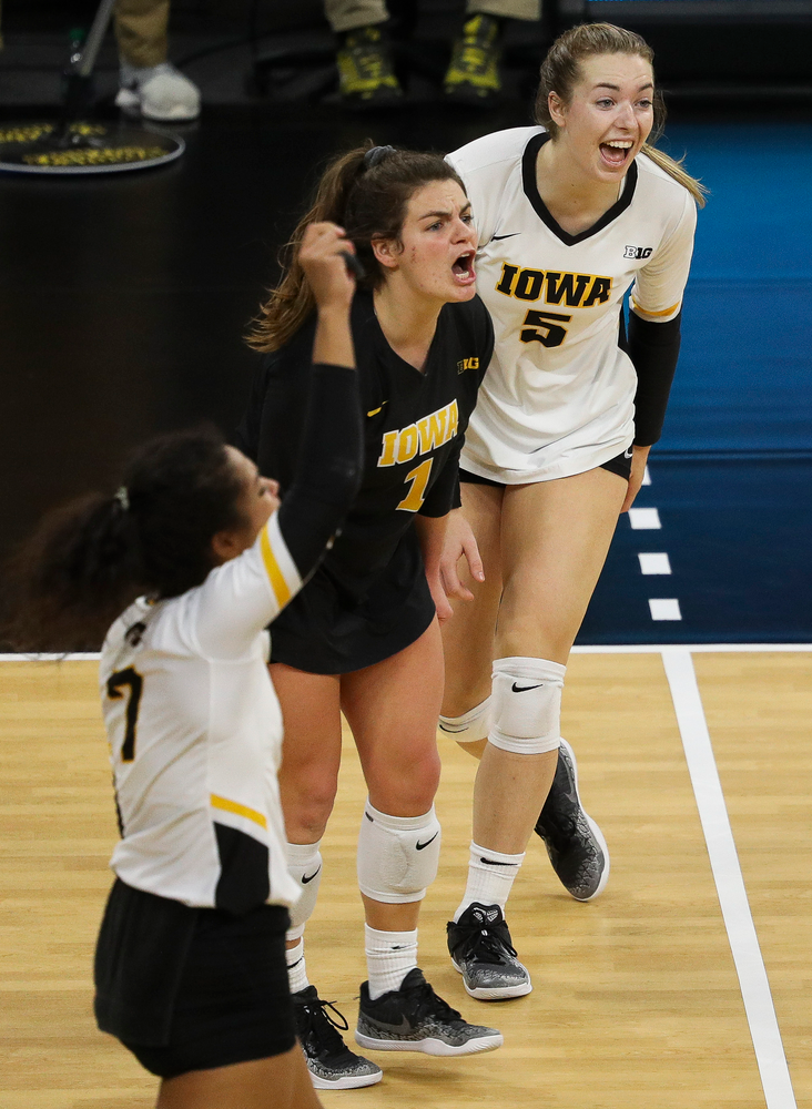 Iowa Hawkeyes outside hitter Meghan Buzzerio (5) celebrates after winning a point during a match against Maryland at Carver-Hawkeye Arena on November 23, 2018. (Tork Mason/hawkeyesports.com)