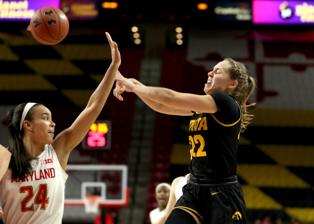 Iowa Hawkeyes guard Kathleen Doyle (22) against the Maryland Terrapins Thursday, February 13, 2020 at the Xfinity Center in College Park, MD. (Brian Ray/hawkeyesports.com)