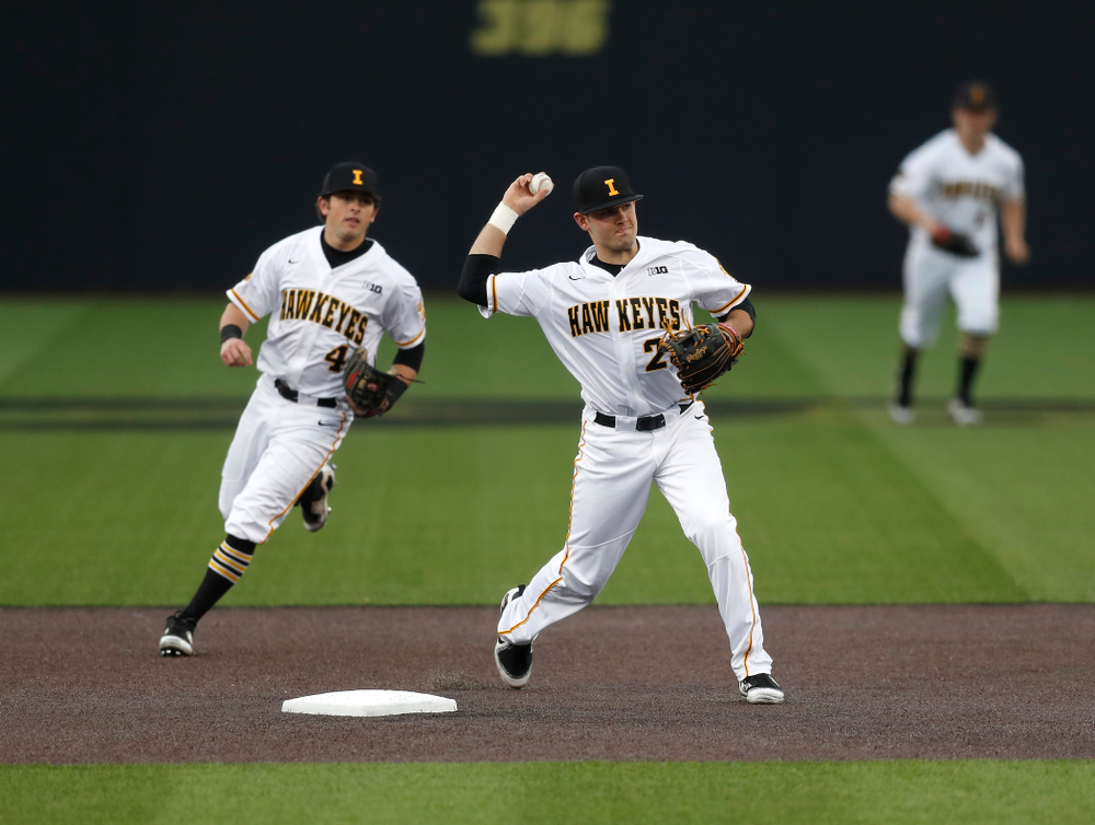 Iowa Hawkeyes infielder Kyle Crowl (23) against Coe College Wednesday, April 11, 2018 at Duane Banks Field. (Brian Ray/hawkeyesports.com)