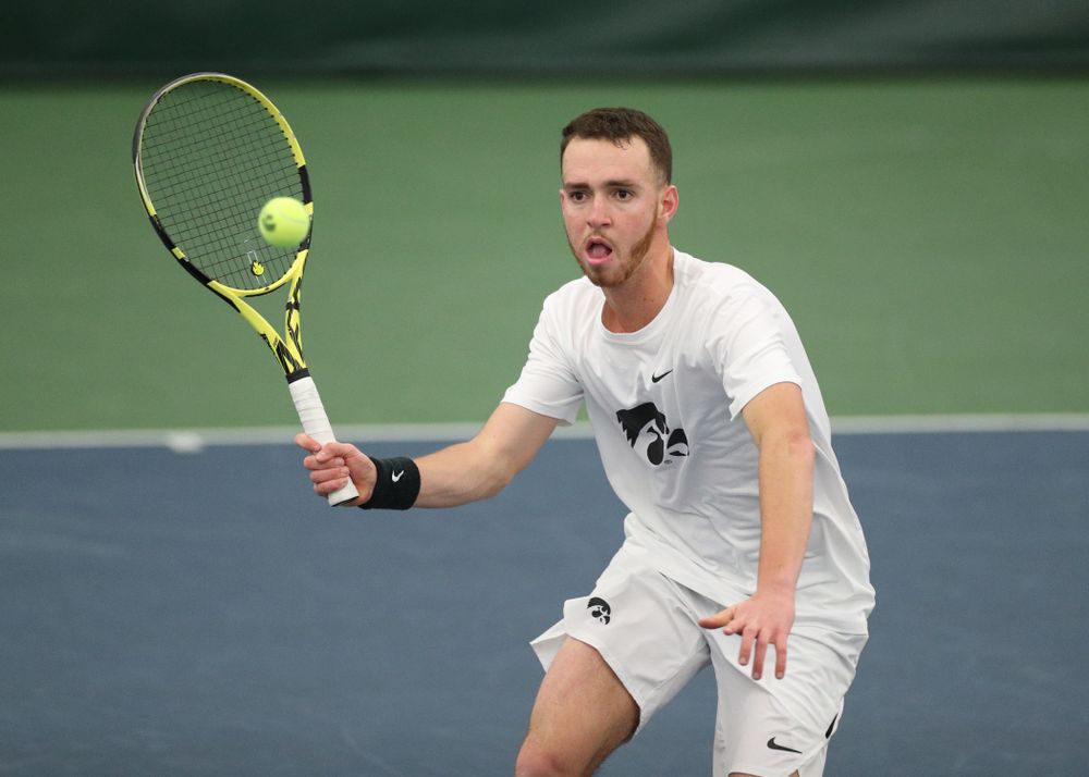 Iowa’s Karem Allaf against Cornell Sunday, March 8, 2020 at the Hawkeye Tennis and Recreation Center. (Brian Ray/hawkeyesports.com)