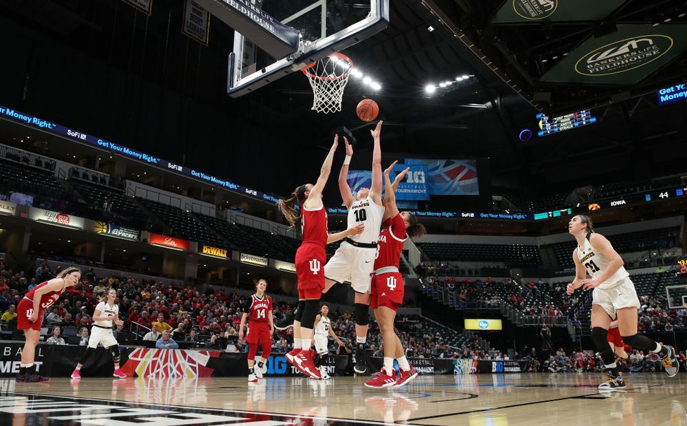 Iowa Hawkeyes forward Megan Gustafson (10) against the Indiana Hoosiers in the quarterfinals of the Big Ten Tournament Friday, March 8, 2019 at Bankers Life Fieldhouse in Indianapolis, Ind. (Brian Ray/hawkeyesports.com)