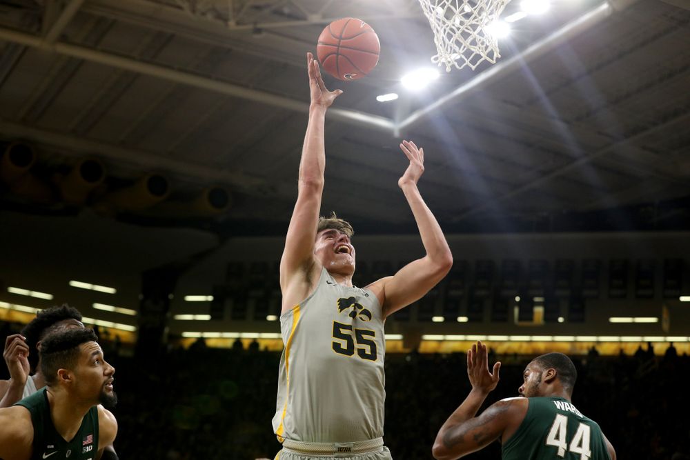 Iowa Hawkeyes forward Luka Garza (55) against the Michigan State Spartans Thursday, January 24, 2019 at Carver-Hawkeye Arena. (Brian Ray/hawkeyesports.com)