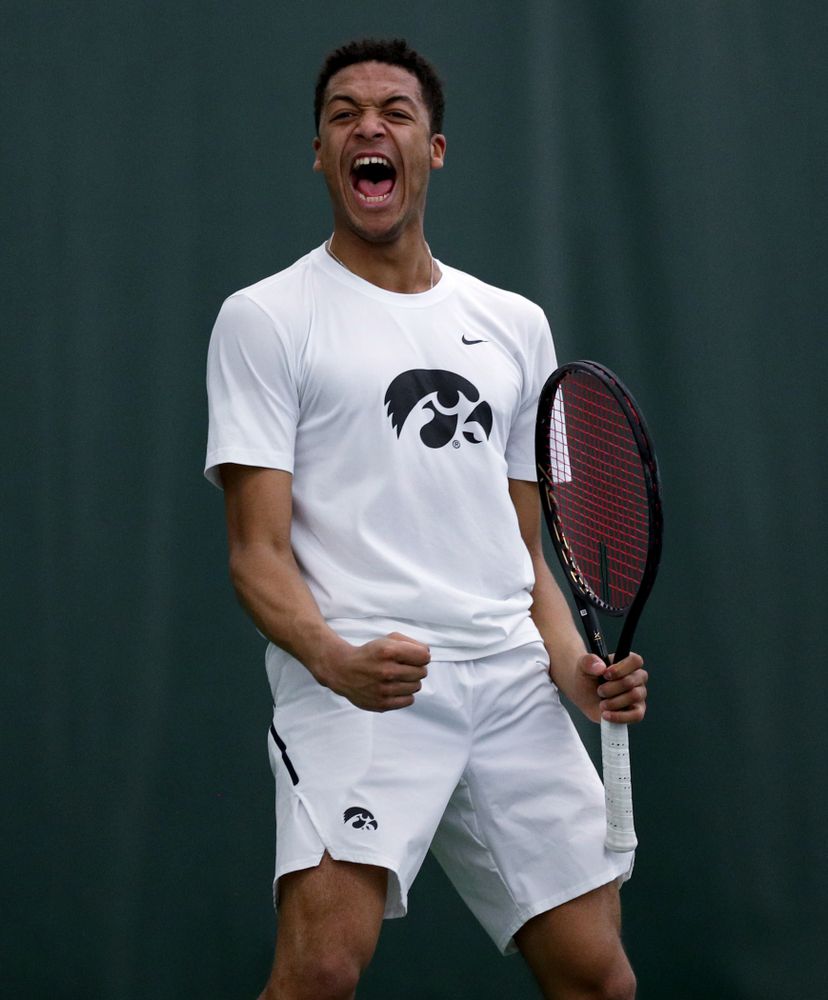 Iowa’s Oliver Okonkwo against Cornell Sunday, March 8, 2020 at the Hawkeye Tennis and Recreation Center. (Brian Ray/hawkeyesports.com)