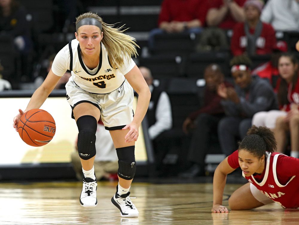 Iowa Hawkeyes guard Makenzie Meyer (3) steals the ball away during the fourth quarter of their game at Carver-Hawkeye Arena in Iowa City on Sunday, January 12, 2020. (Stephen Mally/hawkeyesports.com)